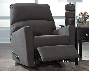 Merging a decidedly clean profile with cozy comfort, the Alenya rocker recliner is high style made for real living. Neatly tailored with simple divided back styling and crisp, track arms, it entices with a fresh-hued microfiber upholstery that naturally works.Gentle roc motion | One-pull reclining motion | Corner-blocked frame with metal reinforced seat and footrest | Attached cushions | High-resiliency foam cushions wrapped in thick poly fiber | Polyester/nylon upholstery | Excluded from promotional discounts and coupons