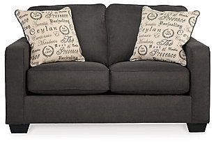 Merging a decidedly clean profile with cozy comfort, the Alenya sofa and loveseat set is high style made for real living. Neatly tailored box cushions and crisp, track arms beautifully enhance the aesthetic, while a fresh hued microfiber upholstery simply works. Four French script pillows are a très chic touch.Smart Buys are our best everyday low price and excluded from promotional discounts and coupons | Includes sofa and loveseat | Corner-blocked frames | Attached back and loose seat cushions | High-resiliency foam cushions wrapped in thick poly fiber | 4 decorative pillows included | Pillows with soft polyfill | Polyester upholstery; linen/viscose pillows | Exposed feet with faux wood finish