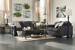 The sleek mid-century lines of the Alenya loveseat are always in vogue. With neatly tailored box cushions and track arms, the microfiber upholstered loveseat is supremely comfortable and stylish. Tonal piping and a pair of printed pillows further refine the silhouette.Corner-blocked frame | Attached back and loose seat cushions | High-resiliency foam cushions wrapped in thick poly fiber | 2 decorative pillows included | Pillows with soft polyfill | Upholstery is polyester/nylon | Pillows are linen/viscose | Excluded from promotional discounts and coupons