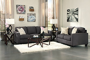Merging a decidedly clean profile with cozy comfort, the Alenya sofa and loveseat set is high style made for real living. Neatly tailored box cushions and crisp, track arms beautiy enhance the aesthetic, while a fresh hued microfiber upholstery simply works. Four French script pillows are a très chic touch.Smart Buys are our best everyday low price and excluded from promotional discounts and coupons | Includes sofa and loveseat | Corner-blocked frames | Attached back and loose seat cushions | High-resiliency foam cushions wrapped in thick poly fiber | 4 decorative pillows included | Pillows with soft polyfill | Polyester upholstery; linen/viscose pillows | Exposed feet with faux wood finish