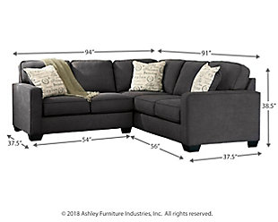 The sleek mid-century lines of the Alenya sectional are always in vogue. With neatly tailored box cushions and track arms, this microfiber upholstered ensemble is supremely comfortable and stylish. Tonal piping and a trio of accent pillows are touches of refinement.Includes 2 pieces: left-arm facing loveseat and right-arm facing sofa | "Left-arm" and "right-arm" describe the position of the arm when you face the piece | Corner-blocked frame | Attached back and loose seat cushions | High-resiliency foam cushions wrapped in thick poly fiber | 3 decorative pillows included | Pillows with soft polyfill | Polyester/nylon upholstery; linen/viscose and polyester/nylon pillows | Exposed legs with faux wood finish | Estimated Assembly Time: 5 Minutes