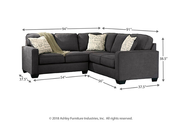 The sleek mid-century lines of the Alenya sectional are always in vogue. With neatly tailored box cushions and track arms, this microfiber upholstered ensemble is supremely comfortable and stylish. Tonal piping and a trio of accent pillows are touches of refinement.Includes 2 pieces: left-arm facing loveseat and right-arm facing sofa | "Left-arm" and "right-arm" describe the position of the arm when you face the piece | Corner-blocked frame | Attached back and loose seat cushions | High-resiliency foam cushions wrapped in thick poly fiber | 3 decorative pillows included | Pillows with soft polyfill | Polyester/nylon upholstery; linen/viscose and polyester/nylon pillows | Exposed legs with faux wood finish | Estimated Assembly Time: 5 Minutes