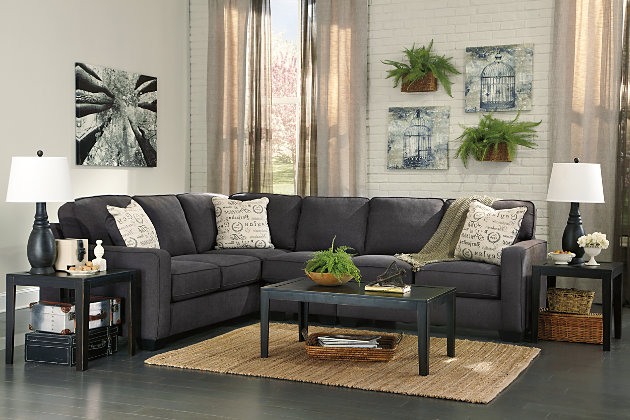 The sleek mid-century lines of the Alenya sectional are always in vogue. With neatly tailored box cushions and track arms, this microfiber upholstered ensemble is supremely comfortable and stylish. Tonal piping and a trio of accent pillows are touches of refinement.Includes 3 pieces: right-arm facing loveseat, armless chair and left-arm facing sofa | "Left-arm" and "right-arm" describes the position of the arm when you face the piece | Corner-blocked frame | Attached back and loose seat cushions | High-resiliency foam cushions wrapped in thick poly fiber | 3 decorative pillows included | Pillows with soft polyfill | Polyester/nylon upholstery; linen/viscose and polyester/nylon pillows | Exposed legs with faux wood finish | Estimated Assembly Time: 10 Minutes