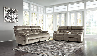 A scale means comfort with the Brassville reclining sofa. Two wondery wide seats are upholstered in a textural, cottony soft fabric. Recline as far back as you please on pillowy arms and headrests. Bustle back tufting adds the right amount of casually cool style.Dual-sided recliner | Pull tab reclining motion | Corner-blocked frame with metal reinforced seats | Attached back and seat cushions | High-resiliency foam cushions wrapped in thick poly fiber | Polyester upholstery