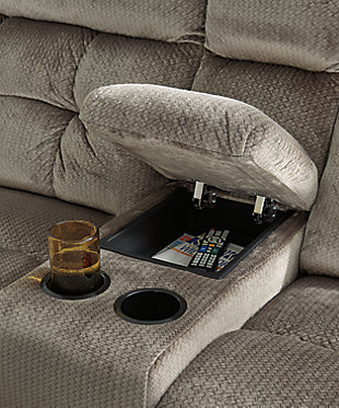 A large scale means large comfort with the Brassville sectional. Wonderfully wide seats are upholstered in a textural, cottony soft fabric. Recline as far back as you please on pillowy arms and headrests. Bustle back tufting adds the right amount of casually cool style. With a storage console and two convenient cup holders, you’ll want to stay here forever.Includes 3 pieces: 2-seat reclining sofa, wedge and double reclining loveseat with console | Reclining sofa and reclining loveseat with pull-tab reclining motion with adjustable positions | Console with storage and 2 cup holders | Corner-blocked frame with metal seat | Attached back and seat cushions | High-resiliency foam cushions wrapped in thick poly fiber | Polyester upholstery | Estimated Assembly Time: 10 Minutes