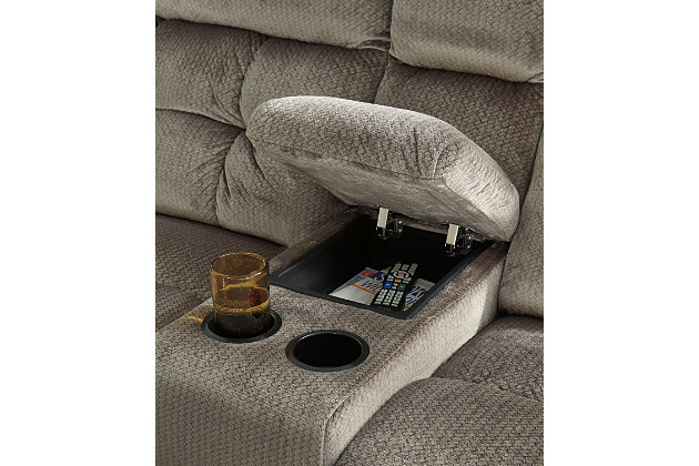 A large scale means large comfort with the Brassville sectional. Wonderfully wide seats are upholstered in a textural, cottony soft fabric. Recline as far back as you please on pillowy arms and headrests. Bustle back tufting adds the right amount of casually cool style. With a storage console and two convenient cup holders, you’ll want to stay here forever.Includes 3 pieces: 2-seat reclining sofa, wedge and double reclining loveseat with console | Reclining sofa and reclining loveseat with pull-tab reclining motion with adjustable positions | Console with storage and 2 cup holders | Corner-blocked frame with metal seat | Attached back and seat cushions | High-resiliency foam cushions wrapped in thick poly fiber | Polyester upholstery | Estimated Assembly Time: 10 Minutes