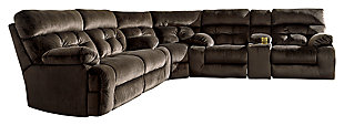 A large scale means large comfort with the Brassville 3-piece sectional. Wonderfully wide seats are upholstered in a textural, cottony soft fabric. Recline as far back as you please on pillowy arms and headrests. Bustle back tufting adds the right amount of casually cool style. With a storage console and two convenient cup holders, you’ll want to stay here forever.Includes 3 pieces: 2-seat reclining sofa, wedge and double reclining loveseat with console | Reclining sofa and reclining loveseat with pull-tab reclining motion with adjustable positions | Console with storage and 2 cup holders | Corner-blocked frame with metal seat | Attached back and seat cushions | High-resiliency foam cushions wrapped in thick poly fiber | Polyester upholstery | Estimated Assembly Time: 10 Minutes