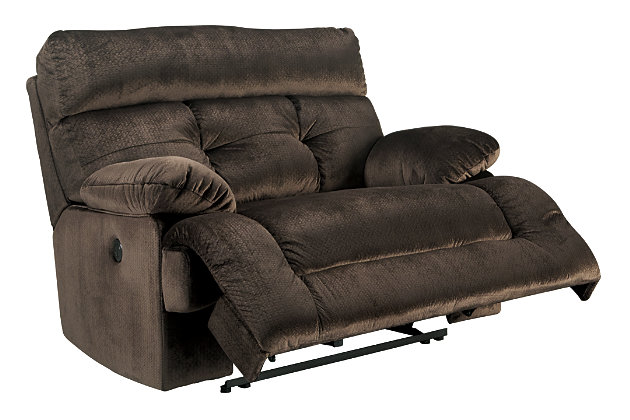 A large scale means large comfort with the Brassville recliner. Wonderfully wide seat is upholstered in a textural, cottony soft fabric. Recline as far back as you please on pillowy arms and headrest. Bustle back tufting adds the right amount of casually cool style.Pull tab reclining motion | Corner-blocked frame with metal reinforced seat | Attached back and seat cushions | High-resiliency foam cushion wrapped in thick poly fiber | Polyester upholstery | Excluded from promotional discounts and coupons