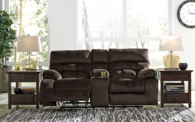 Brassville Reclining Loveseat with Console, Chocolate, large