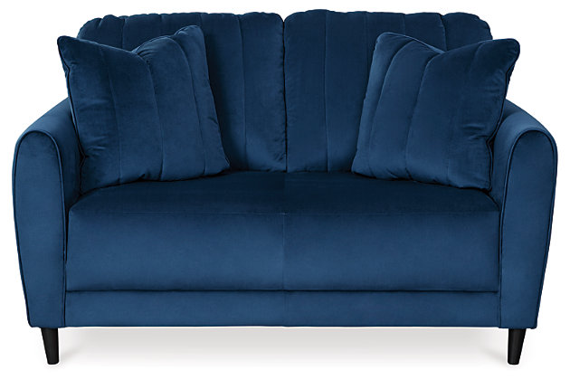 A brilliant take on urban chic styling, the Enderlin loveseat in vibrant blue makes high design highly affordable. Distinctive elements include quilted channel stitching for clean-lined allure and a velvety soft fabric you'll love living with. Sculptural track arms up the wow factor. If you’re looking for big style on more modest scale, you’re sure to appreciate this loveseat’s space-conscious 59" wide profile.Corner-blocked frame | Attached seat cushion | High-resiliency foam cushions wrapped in thick poly fiber | Quilted details | 2 toss pillows included | Pillows with soft polyfill | Velvet polyester upholstery and pillows | Exposed feet with faux wood finish | Platform foundation system resists sagging 3x better than spring system after 20,000 testing cycles by providing more even support | Smooth platform foundation maintains tight, wrinkle-free look without dips or sags that can occur over time with sinuous spring foundations
