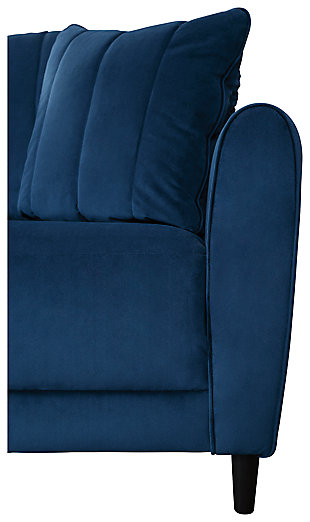 A brilliant take on urban chic styling, the Enderlin sofa in vibrant blue makes high design highly affordable. Distinctive elements include quilted channel stitching for clean-lined allure and a velvety soft fabric you'll love living with. Sculptural track arms up the wow factor. If you’re looking for big style on more modest scale, you’re sure to appreciate this sofa’s space-conscious 82" wide profile.Corner-blocked frame | Attached seat cushion | High-resiliency foam cushions wrapped in thick poly fiber | Quilted details | 2 toss pillows included | Pillows with soft polyfill | Velvet polyester upholstery and pillows | Exposed feet with faux wood finish | Platform foundation system resists sagging 3x better than spring system after 20,000 testing cycles by providing more even support | Smooth platform foundation maintains tight, wrinkle-free look without dips or sags that can occur over time with sinuous spring foundations