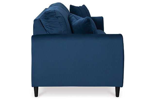 A brilliant take on urban chic styling, the Enderlin sofa in vibrant blue makes high design highly affordable. Distinctive elements include quilted channel stitching for clean-lined allure and a velvety soft fabric you'll love living with. Sculptural track arms up the wow factor. If you’re looking for big style on more modest scale, you’re sure to appreciate this sofa’s space-conscious 82" wide profile.Corner-blocked frame | Attached seat cushion | High-resiliency foam cushions wrapped in thick poly fiber | Quilted details | 2 toss pillows included | Pillows with soft polyfill | Velvet polyester upholstery and pillows | Exposed feet with faux wood finish | Platform foundation system resists sagging 3x better than spring system after 20,000 testing cycles by providing more even support | Smooth platform foundation maintains tight, wrinkle-free look without dips or sags that can occur over time with sinuous spring foundations