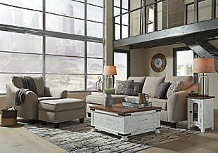 Dressed to impress and put to the test. If you love the idea of beauty with substance, rest your eyes on the Kestrel sofa chaise. Designed for looks and longevity, this decidedly modern sofa chaise with clean lines and flared arms includes our exclusive platform foundation system made to resist sagging and maintain a tight, wrinkle-free aesthetic. Wrapped in an easy-breezy driftwood-tone upholstery, it’s what's new in neutrals.Corner-blocked frame | Attached back and loose seat cushions | High-resiliency foam cushions wrapped in thick poly fiber | 4 decorative pillows included | Pillows with soft polyfill | Polyester upholstery | Polyester; polyester/acrylic/linen; polyester/acrylic pillows | Platform foundation system resists sagging 3x better than spring system after 20,000 testing cycles by providing more even support | Smooth platform foundation maintains tight, wrinkle-free look without dips or sags that can occur over time with sinuous spring foundations | Exposed feet with faux wood finish