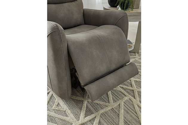 Relax like never before. Stretch out on the Next-Gen Durapella power recliner with the look and feel of leather at a comfortably affordable faux leather price. Tufted cushions, roll arms and welting create a sophisticated presence and make a lasting impression. There's comfort from head to toe, thanks to the adjustable headrest, lumbar support and extended ottoman, while the zero gravity mechanism improves circulation and the zero wall design makes efficient use of space. When you're ready to be pampered, simply activate the heated seat and air massage at the touch of a button. Water-repellent and durable, this is the next generation of faux leather upholstery for everyday living.Touch motion power control with adjustable positions, massage function, heated seats and zero-draw USB charging | Corner-blocked frame with metal reinforced seat | Attached cushions | High-resiliency foam cushions wrapped in thick poly fiber | Water repellent Next-Gen Durapella (polyester/polyurethane) upholstery | Zero Draw technology only consumes power when the USB receptacle is in use | Zero-gravity mechanism raises ottoman to improve circulation | Zero Wall design requires minimal space between wall and chair back | Power cord included; UL Listed