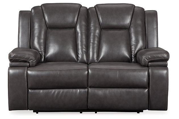 Wouldn’t it be great if the cool look of leather could be blended with the warm feel of fabric? Find a beautiful balance of contemporary style and cozy comfort in the Garristown power reclining loveseat. Sporting a sultry gray UltraPella upholstery, this chic faux leather power loveseat is empowering in every which way. The Easy View™ power headrest allows you the perfect view of the TV, even when you’re lying back. And if you’re never far from your cell phone or laptop, you’ll surely appreciate the one-touch power control with USB charging port.Dual-sided recliner | One-touch power control with adjustable positions | Corner-blocked frame with wooden seat box | Attached back and seat cushions | High-resiliency foam cushions wrapped in thick poly fiber | Easy View™ power adjustable headrest | Includes USB charging port in the power control | Polyester/polyurethane upholstery | Power cord included; UL Listed | Estimated Assembly Time: 30 Minutes