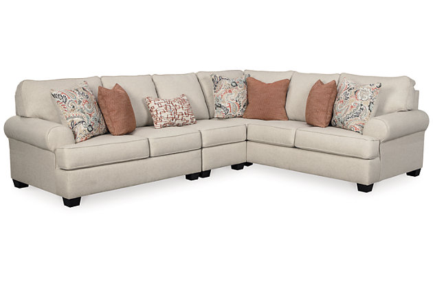 The inviting and versatile Amici sectional plays well in any space. Generously scaled cushions and gentle roll arms encourage everyone to gather together. Distinctive elements including designer pillows in fun and flirty textures keep high fashion looking and feeling so cozy. It’s the perfect addition to your great room, family room or living room.Includes 3 pieces: armless chair, right-arm facing sofa with corner wedge and left-arm facing loveseat | "Left-arm" and "right-arm" describe the position of the arm when you face the piece | Corner-blocked frame | Attached back and loose seat cushions | High-resiliency foam cushions wrapped in thick poly fiber | 7 accent pillows included | Pillows with soft polyfill | Polyester upholstery; polyester and polyester/cotton pillows | Exposed feet with faux wood finish | Estimated Assembly Time: 10 Minutes