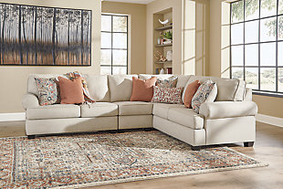 The inviting and versatile Amici sectional plays well in any space. Generously scaled cushions and gentle roll arms encourage everyone to gather together. Distinctive elements including designer pillows in fun and flirty textures keep high fashion looking and feeling so cozy. It’s the perfect addition to your great room, family room or living room.Includes 3 pieces: armless chair, right-arm facing sofa with corner wedge and left-arm facing loveseat | "Left-arm" and "right-arm" describe the position of the arm when you face the piece | Corner-blocked frame | Attached back and loose seat cushions | High-resiliency foam cushions wrapped in thick poly fiber | 7 accent pillows included | Pillows with soft polyfill | Polyester upholstery; polyester and polyester/cotton pillows | Exposed feet with faux wood finish | Estimated Assembly Time: 10 Minutes