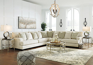 If you love the idea of contemporary style that’s ultra warm and inviting, the Rawcliffe sectional is casual refinement you’ll love living with. Lightening things up in a fresh neutral tone, this sectional is covered in a decadently soft microfiber that’s love at first touch. Rest assured, ultra-deep 45" seats and reversible cushions you can flip and fluff nicely accommodate, while clean-lined styling and wide track arms make a fashion statement.Includes 3 pieces: left-arm facing sofa, right-arm facing sofa and wedge | "Left-arm" and "right-arm" describe the position of the arm when you face the piece | Corner-blocked frame | Loose, reversible cushions | High-resiliency foam cushions wrapped in thick poly fiber | 10 accent pillows included | Pillows with soft polyfill | Polyester upholstery and pillows | Exposed feet with faux wood finish | Platform foundation system resists sagging 3x better than spring system after 20,000 testing cycles by providing more even support | Smooth platform foundation maintains tight, wrinkle-free look without dips or sags that can occur over time with sinuous spring foundations | Estimated Assembly Time: 10 Minutes