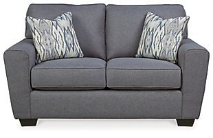 This 5-piece living room set is sure to elevate your living space with a high-end look and fresh, contemporary flair. Sitting pretty: the Calion sofa and loveseat, sporting a linen-weave upholstery that complements so many color schemes and aesthetics. Flared arms, prominent welting and flamestitch-print pillows add just enough panache to this stylish ensemble. And talk about the perfect accompaniment: the Denja coffee table and matching end tables with ultra clean lines, a rich dark finish and black glass inserts for added drama.Living room set with sofa, loveseat, 1 coffee table and 2 end tables | Corner-blocked frame | Attached back and loose seat cushions | High-resiliency foam cushions wrapped in thick poly fiber | 6 decorative pillows included | Pillows with soft polyfill | Polyester upholstery and pillows  | Exposed feet with faux wood finish | Hand-finished tables made of veneers, wood, engineered wood and glass  | Tabletops with inset black colored glass | Tables require assembly