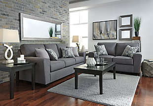 In the chicest shade of gray, Calion sofa sleeper’s linen-weave upholstery complements so many color schemes and aesthetics. Flared arms, prominent welting and flamestitch-print pillows add just enough panache to this sweet and simple sofa. Supportive seat cushions make for one comfortable landing pad. Easily accommodate overnight guests with the pull-out memory foam mattress.Corner-blocked frame | Attached back and loose seat cushions | High-resiliency foam cushions wrapped in thick poly fiber | 4 decorative pillows included | Polyester upholstery and pillows with soft polyfill | Exposed feet with faux wood finish | Included bi-fold queen memory foam mattress sits atop a supportive steel frame | Memory foam provides better airflow for a cooler night’s sleep | Memory foam encased in damask ticking