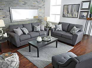 In the chicest shade of gray, Calion loveseat’s linen-weave upholstery complements so many color schemes and aesthetics. Flared arms, prominent welting and flamestitch-print pillows add just enough panache to this sweet and simple loveseat. Supportive seat cushions make for one comfortable landing pad.Corner-blocked frame | Attached back and loose seat cushions | High-resiliency foam cushions wrapped in thick poly fiber | 2 decorative pillows included | Polyester upholstery and pillows with soft polyfill | Exposed feet with faux wood finish | Excluded from promotional discounts and coupons