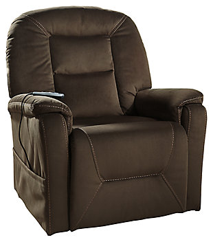 How beautifully the Samir power lift recliner elevates your level of comfort. On those days when you need a little pampering, you’re sure to love the heat-and-massage element incorporated within the back cushion. Sporting a sleek design, with a unique crescent back and double-stitched tailoring, this power lift recliner has the corner on contemporary style.One-touch (hand control) power button with adjustable positions | Corner-blocked frame with metal reinforced seat | Attached cushions | High-resiliency foam cushions wrapped in thick poly fiber | Polyester upholstery | Emergency battery backup runs on two 9-volt batteries (not included), in case of power outage | Back cushion heat-and-massage feature (choice of two massage power levels) | Side pocket storage | Power cord included; UL Listed | Excluded from promotional discounts and coupons | Estimated Assembly Time: 15 Minutes