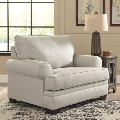 We can’t wait to see the look of comfort on your face when you sit on the Antonlini oversized chair. Plush cushions are covered in linen weave chenille for an incredibly soft hand. Roll arms maintain the casual cool look. Extended seat gives you lots of room to spread out and relax. And with a neutral hue, it complements your home effortlessly.Corner-blocked frame | Attached back and loose seat cushion | High-resiliency foam cushions wrapped in thick poly fiber | Polyester upholstery | Exposed feet with faux wood finish | Platform foundation system resists sagging 3x better than spring system after 20,000 testing cycles by providing more even support | Smooth platform foundation maintains tight, wrinkle-free look without dips or sags that can occur over time with sinuous spring foundations