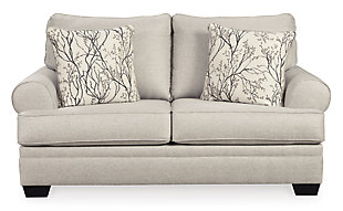 We can’t wait to see the look of comfort on your face when you sit on the Antonlini loveseat. Plush cushions are covered in linen weave chenille for an incredibly soft hand. Roll arms maintain the casual cool look. Vine motif pillows bring in a calm and steady piece of nature—perfect to curl up with as you sink back into the deep seats. And with a neutral hue, it complements your home effortlessly.Corner-blocked frame | Attached back and loose seat cushions | High-resiliency foam cushions wrapped in thick poly fiber | 2 decorative pillows included | Pillows with soft polyfill | Polyester upholstery and pillows | Exposed feet with faux wood finish | Platform foundation system resists sagging 3x better than spring system after 20,000 testing cycles by providing more even support | Smooth platform foundation maintains tight, wrinkle-free look without dips or sags that can occur over time with sinuous spring foundations