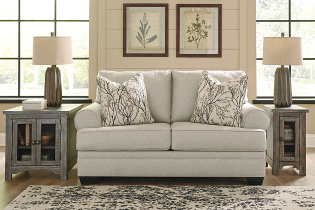 We can’t wait to see the look of comfort on your face when you sit on the Antonlini loveseat. Plush cushions are covered in linen weave chenille for an incredibly soft hand. Roll arms maintain the casual cool look. Vine motif pillows bring in a calm and steady piece of nature—perfect to curl up with as you sink back into the deep seats. And with a neutral hue, it complements your home effortlessly.Corner-blocked frame | Attached back and loose seat cushions | High-resiliency foam cushions wrapped in thick poly fiber | 2 decorative pillows included | Pillows with soft polyfill | Polyester upholstery and pillows | Exposed feet with faux wood finish | Platform foundation system resists sagging 3x better than spring system after 20,000 testing cycles by providing more even support | Smooth platform foundation maintains tight, wrinkle-free look without dips or sags that can occur over time with sinuous spring foundations