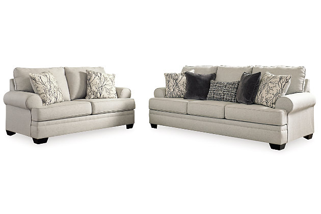 Indulge your lust for comfort and longing for transitional design with the Antonlini sofa and loveseat. Plush cushions are covered in a richly neutral linen weave chenille for an incredibly soft hand, made all the more enticing with posh pillows that naturally go with the flow. Flared roll arms complement classic and contemporary settings alike.Includes 2 pieces: sofa and loveseat | Corner-blocked frame | Attached back and loose seat cushions | High-resiliency foam cushions wrapped in thick poly fiber | 7 decorative pillows included | Pillows with soft polyfill | Polyester upholstery and pillows | Exposed feet with faux wood finish | Platform foundation system resists sagging 3x better than spring system after 20,000 testing cycles by providing more even support | Smooth platform foundation maintains tight, wrinkle-free look without dips or sags that can occur over time with sinuous spring foundations