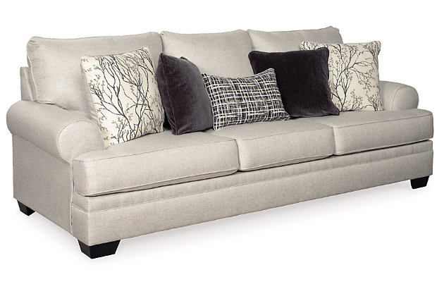 Indulge your lust for comfort and longing for transitional design with the Antonlini sofa and loveseat. Plush cushions are covered in a richly neutral linen weave chenille for an incredibly soft hand, made all the more enticing with posh pillows that naturally go with the flow. Flared roll arms complement classic and contemporary settings alike.Includes 2 pieces: sofa and loveseat | Corner-blocked frame | Attached back and loose seat cushions | High-resiliency foam cushions wrapped in thick poly fiber | 7 decorative pillows included | Pillows with soft polyfill | Polyester upholstery and pillows | Exposed feet with faux wood finish | Platform foundation system resists sagging 3x better than spring system after 20,000 testing cycles by providing more even support | Smooth platform foundation maintains tight, wrinkle-free look without dips or sags that can occur over time with sinuous spring foundations