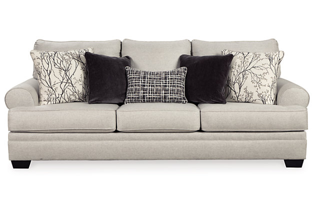 We can’t wait to see the look of comfort on your face when you sit on the Antonlini sofa. Plush cushions are covered in linen weave chenille for an incredibly soft hand. Roll arms maintain the casual cool look. Vine motif pillows bring in a calm and steady piece of nature as crosshatch kidney pillow infuses a trendsetting pattern. Solid charcoal color velvet pillows pile on the texture—perfect to curl up with as you sink back into the deep seats. And with a neutral hue, it complements your home effortlessly. Pull-out queen mattress in quality memory foam comfortably accommodates overnight guests.Corner-blocked frame | Attached back and loose seat cushions | High-resiliency foam cushions wrapped in thick poly fiber | 5 decorative pillows included | Pillows with soft polyfill | Polyester upholstery and pillows | Exposed feet with faux wood finish | Included bi-fold queen memory foam mattress sits atop a supportive steel frame | Memory foam provides better airflow for a cooler night’s sleep | Memory foam encased in damask ticking