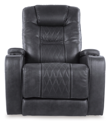 Movie nights will be forever changed with the Composer power recliner. The adjustable Easy View™ headrest allows a primo view of the TV no matter how far back you recline and the extended ottoman provides extra room to really stretch out. Ultra-cool lattice stitching elevates the look and ambient LED lighting completes the theater-style experience. So relax, kick off your shoes and enjoy the show.One-touch power control with adjustable positions | Corner-blocked frame with metal reinforced seat | Attached back and seat cushions | High-resiliency foam cushions wrapped in thick poly fiber | Easy View™ power adjustable headrest | Includes USB charging port in the power control | Extended ottoman for enhanced comfort | Ambient blue LED lighting on cup holders and base for a theater-style experience | Polyester/polyurethane upholstery | Power cord included; UL Listed | Estimated Assembly Time: 15 Minutes