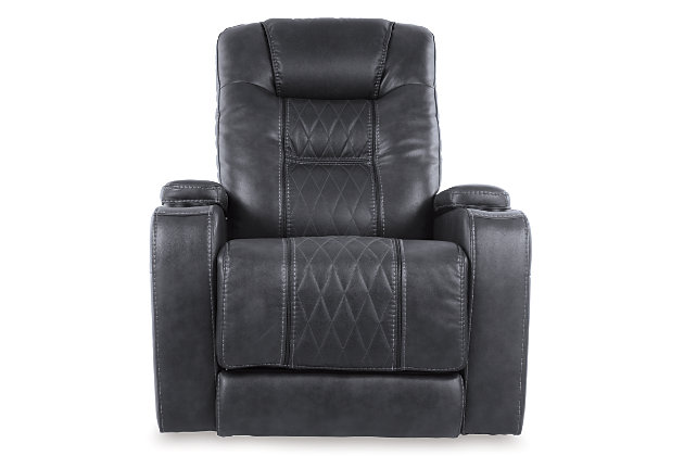 Movie nights will be forever changed with the Composer power recliner. The adjustable Easy View™ headrest allows a primo view of the TV no matter how far back you recline and the extended ottoman provides extra room to really stretch out. Ultra-cool lattice stitching elevates the look and ambient LED lighting completes the theater-style experience. So relax, kick off your shoes and enjoy the show.One-touch power control with adjustable positions | Corner-blocked frame with metal reinforced seat | Attached back and seat cushions | High-resiliency foam cushions wrapped in thick poly fiber | Easy View™ power adjustable headrest | Includes USB charging port in the power control | Extended ottoman for enhanced comfort | Ambient blue LED lighting on cup holders and base for a theater-style experience | Polyester/polyurethane upholstery | Power cord included; UL Listed | Estimated Assembly Time: 15 Minutes