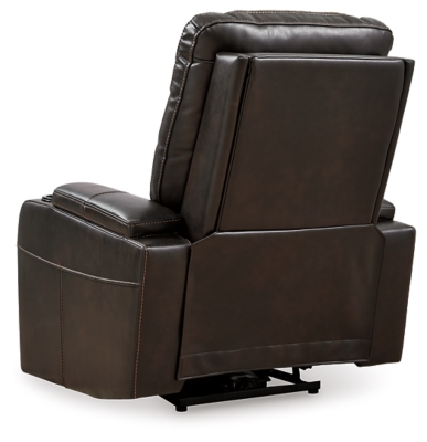 Movie nights will be forever changed with the Composer power recliner. The adjustable Easy View™ headrest allows a primo view of the TV no matter how far back you recline and the extended ottoman provides extra room to really stretch out. Ultra-cool lattice stitching elevates the look and ambient LED lighting completes the theater-style experience. So relax, kick off your shoes and enjoy the show.One-touch power control with adjustable positions | Corner-blocked frame with metal reinforced seat | Attached cushions | High-resiliency foam cushions wrapped in thick poly fiber | Easy View™ power adjustable headrest | Includes USB charging port in the power control | Extended ottoman for enhanced comfort | Ambient blue LED lighting on cup holders and base for a theater-style experience | Polyester/polyurethane upholstery | Power cord included; UL Listed | Estimated Assembly Time: 15 Minutes