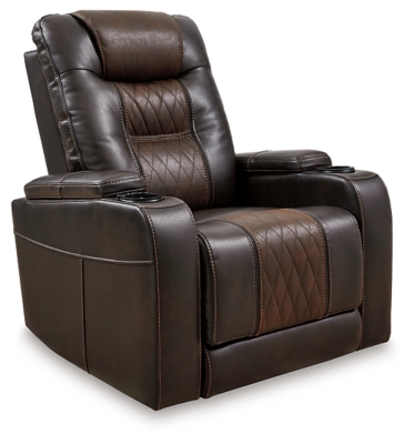 Movie nights will be forever changed with the Composer power recliner. The adjustable Easy View™ headrest allows a primo view of the TV no matter how far back you recline and the extended ottoman provides extra room to really stretch out. Ultra-cool lattice stitching elevates the look and ambient LED lighting completes the theater-style experience. So relax, kick off your shoes and enjoy the show.One-touch power control with adjustable positions | Corner-blocked frame with metal reinforced seat | Attached cushions | High-resiliency foam cushions wrapped in thick poly fiber | Easy View™ power adjustable headrest | Includes USB charging port in the power control | Extended ottoman for enhanced comfort | Ambient blue LED lighting on cup holders and base for a theater-style experience | Polyester/polyurethane upholstery | Power cord included; UL Listed | Estimated Assembly Time: 15 Minutes
