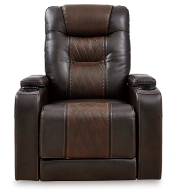 Movie nights will be forever changed with the Composer power recliner. The adjustable Easy View™ headrest allows a primo view of the TV no matter how far back you recline and the extended ottoman provides extra room to really stretch out. Ultra-cool lattice stitching elevates the look and ambient LED lighting completes the theater-style experience. So relax, kick off your shoes and enjoy the show.One-touch power control with adjustable positions | Corner-blocked frame with metal reinforced seat | Attached cushions | High-resiliency foam cushions wrapped in thick poly fiber | Easy View™ power adjustable headrest | Includes USB charging port in the power control | Extended ottoman for enhanced comfort | Ambient blue LED lighting on cup holders and base for a theater-style experience | Polyester/polyurethane upholstery | Power cord included; UL Listed | Estimated Assembly Time: 15 Minutes