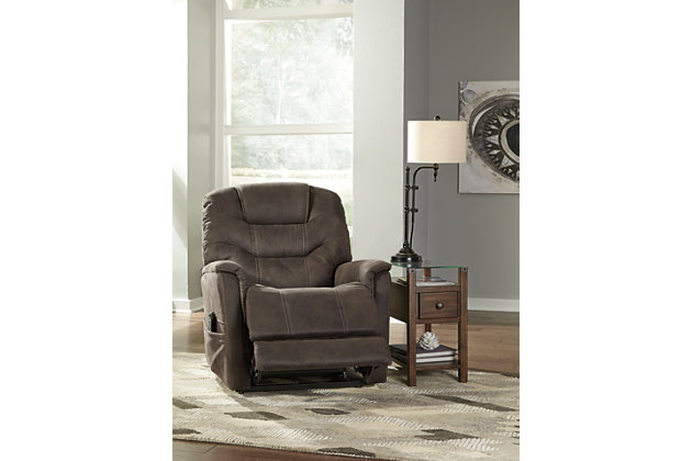 Take charge of your seating with the Ballister power lift recliner. Its easy power button motion control allows you the full spectrum of comfort—from a gentle lift-and-tilt for standing up to a lay flat design ideal for an afternoon snooze. Not much gets past the power adjustable headrest and lumbar support, or even the independent motor controls to get that just right position. You’ll always stay connected with the included USB charging port in the power control, and relish in the hours of versatile support that never stops giving.One-touch (hand control) power button with adjustable positions | Easy View™ power adjustable headrest and power lumbar support | Corner-blocked frame with metal reinforced seat | Attached back and seat cushions | High-resiliency foam cushions wrapped in thick poly fiber | Side pocket storage | Includes USB charging port in the power control | 4-motor design allows for independent control of leg rest, backrest, lumbar support and headrest for perfectly positioned comfort | Lay flat design for extended naptime comfort | Polyester upholstery | Compatible with emergency battery backup (sold separately), in case of power outage | Power cord included; UL Listed | Estimated Assembly Time: 15 Minutes