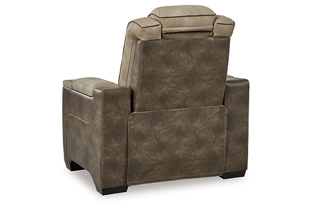 This sleek, ultra-modern power recliner has it all. With designer looks and head-to-toe comfort, the Next-Gen DuraPella recliner has the upscale look of leather at a scaled-down faux leather price. Its two-tone upholstery is more durable and water-repellent than regular leather, an added bonus for families with children or pets. Features including wireless and USB charging, an adjustable headrest and an extended "zero-gravity" ottoman for improved circulation make this the next generation of power recliners.One-touch power control with adjustable positions, Easy View™ adjustable headrest, extended ottoman and zero-draw USB plug-in | Corner-blocked frame with metal reinforced seat | Attached cushions | High-resiliency foam cushions wrapped in thick poly fiber | Water-repellent polyester/polyurethane (faux leather) upholstery | Easy View™ adjustable headrest puts your head and neck in optimum position for reading or watching TV even if you're fully reclined | Zero draw technology only consumes power when the USB receptacle is in use | Zero-gravity mechanism allows optimum reclining comfort with infinite reclining positions at the touch of a button | Wireless and USB charging | 2-stage cupholder converts to a flat surface for coffee mugs | Power cord included; UL Listed | Estimated Assembly Time: 15 Minutes