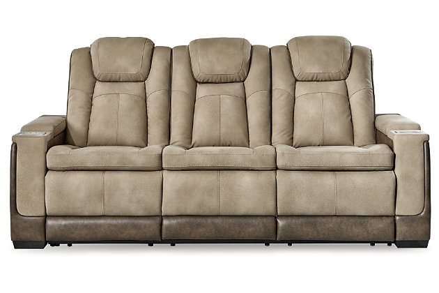 This sleek, ultra-modern power reclining sofa has it all. With designer looks and head-to-toe comfort, the Next-Gen DuraPella reclining sofa with drop-down table has the upscale look of leather at a scaled-down faux leather price. Its two-tone upholstery is more durable and water-repellent than regular leather, an added bonus for families with children or pets. Features including wireless and USB charging, an adjustable headrest and an extended "zero-gravity" ottoman for improved circulation make this the next generation of power recliners.One-touch power control with adjustable positions, Easy View™ adjustable headrest, extended ottoman and zero-draw USB plug-in | Corner-blocked frame with metal reinforced seat | Attached cushions | High-resiliency foam cushions wrapped in thick poly fiber | Water-repellent polyester/polyurethane (faux leather) upholstery | Easy View™ adjustable headrest puts your head and neck in optimum position for reading or watching TV even if you're fully reclined | Zero draw technology only consumes power when the USB receptacle is in use | Zero-gravity mechanism allows optimum reclining comfort with infinite reclining positions at the touch of a button | Drop-down table with storage pouch, 2 reading lights and 2-stage cupholders that convert to a flat surface for coffee mugs | Wireless and USB charging | Power cord included; UL Listed | Estimated Assembly Time: 15 Minutes