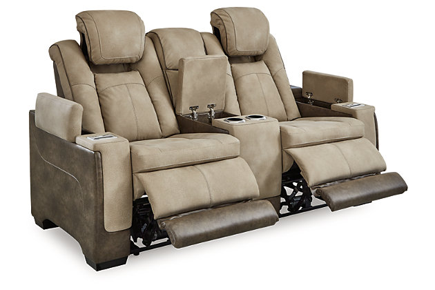 This sleek, ultra-modern power reclining loveseat has it all. With designer looks and head-to-toe comfort, the Next-Gen DuraPella reclining loveseat with console has the upscale look of leather at a scaled-down faux leather price. Its two-tone upholstery is more durable and water-repellent than regular leather, an added bonus for families with children or pets. Features including wireless and USB charging, an adjustable headrest and an extended "zero-gravity" ottoman for improved circulation make this the next generation of power recliners.One-touch power control with adjustable positions, Easy View™ adjustable headrest, extended ottoman and zero-draw USB plug-in | Corner-blocked frame with metal reinforced seat | Attached cushions | High-resiliency foam cushions wrapped in thick poly fiber | Water-repellent polyester/polyurethane (faux leather) upholstery | Easy View™ adjustable headrest puts your head and neck in optimum position for reading or watching TV even if you're fully reclined | Zero draw technology only consumes power when the USB receptacle is in use | Zero-gravity mechanism allows optimum reclining comfort with infinite reclining positions at the touch of a button | Center console with storage compartment and 2-stage cupholders that convert to a flat surface for coffee mugs | Wireless and USB charging | Power cord included; UL Listed | Estimated Assembly Time: 15 Minutes