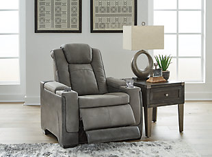 The sleek, ultra-modern Next-Gen DuraPella power recliner has it all. With designer looks and head-to-toe comfort, it has the upscale look of leather at a scaled-down faux leather price. Its gray two-tone upholstery is more durable and water-repellent than regular leather, an added bonus for families with children or pets. Features including wireless and USB charging, an adjustable headrest and an extended "zero-gravity" ottoman for improved circulation make this the next generation of power recliners.One-touch power control with adjustable positions, Easy View™ adjustable headrest and zero-draw USB plug-in | Zero-draw technology only consumes power when the USB receptacle is in use | Zero-gravity mechanism allows optimum reclining comfort with infinite reclining positions at the touch of a button | Easy View™ adjustable headrest puts your head and neck in optimum position for reading or watching TV even if you're fully reclined | Extended ottoman for enhanced comfort | Wireless and USB charging | Corner-blocked frame with metal reinforced seat | Attached cushions | High-resiliency foam cushions wrapped in thick poly fiber | Water-repellent polyester/polyurethane (faux leather) upholstery | 2-stage cupholder converts to a flat surface for coffee mugs | Power cord included; UL Listed | Estimated Assembly Time: 15 Minutes