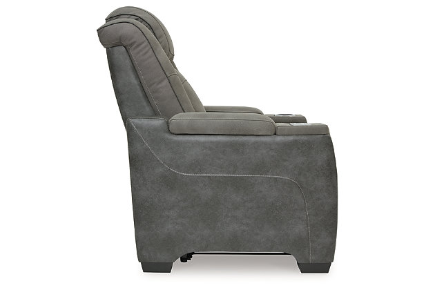 The sleek, ultra-modern Next-Gen DuraPella power recliner has it all. With designer looks and head-to-toe comfort, it has the upscale look of leather at a scaled-down faux leather price. Its gray two-tone upholstery is more durable and water-repellent than regular leather, an added bonus for families with children or pets. Features including wireless and USB charging, an adjustable headrest and an extended "zero-gravity" ottoman for improved circulation make this the next generation of power recliners.One-touch power control with adjustable positions, Easy View™ adjustable headrest and zero-draw USB plug-in | Zero-draw technology only consumes power when the USB receptacle is in use | Zero-gravity mechanism allows optimum reclining comfort with infinite reclining positions at the touch of a button | Easy View™ adjustable headrest puts your head and neck in optimum position for reading or watching TV even if you're fully reclined | Extended ottoman for enhanced comfort | Wireless and USB charging | Corner-blocked frame with metal reinforced seat | Attached cushions | High-resiliency foam cushions wrapped in thick poly fiber | Water-repellent polyester/polyurethane (faux leather) upholstery | 2-stage cupholder converts to a flat surface for coffee mugs | Power cord included; UL Listed | Estimated Assembly Time: 15 Minutes