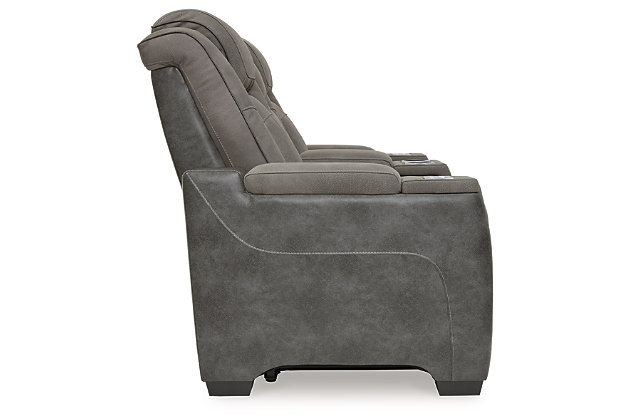 The sleek, ultra-modern Next-Gen DuraPella power recliner has it all. With designer looks and head-to-toe comfort, it has the upscale look of leather at a scaled-down faux leather price. Its gray two-tone upholstery is more durable and water-repellent than regular leather, an added bonus for families with children or pets. Features including wireless and USB charging, an adjustable headrest and an extended "zero-gravity" ottoman for improved circulation make this the next generation of power recliners.Dual-sided recliner | One-touch power control with adjustable positions, Easy View™ adjustable headrest, extended ottoman and zero-draw USB plug-in | Zero-draw technology only consumes power when the USB receptacle is in use | Zero-gravity mechanism allows optimum reclining comfort with infinite reclining positions at the touch of a button | Easy View™ adjustable headrest puts your head and neck in optimum position for reading or watching TV even if you're fully reclined | Extended ottoman for enhanced comfort | Wireless and USB charging | Corner-blocked frame with metal reinforced seat | Attached cushions | High-resiliency foam cushions wrapped in thick poly fiber | Water-repellent polyester/polyurethane (faux leather) upholstery | Wireless and USB charging | Center console with storage compartment and 2-stage cupholders that convert to a flat surface for coffee mugs | Estimated Assembly Time: 15 Minutes