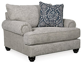 A triumph in transitional design, the Morren oversized chair invites you to indulge in eye-catching texture and cozy comfort. Flared roll arms and loose, reversible cushions give this classically styled chair a sense of everyday ease. Soothing blue-hue accent pillow adds a wonderful layer of interest.Corner-blocked frame | Loose, reversible cushions | High-resiliency foam cushions wrapped in thick poly fiber | Accent pillow included | Polyester upholstery; polyester/cotton/rayon pillow | Exposed feet with faux wood finish | Platform foundation system resists sagging 3x better than spring system after 20,000 testing cycles by providing more even support | Smooth platform foundation maintains tight, wrinkle-free look without dips or sags that can occur over time with sinuous spring foundations