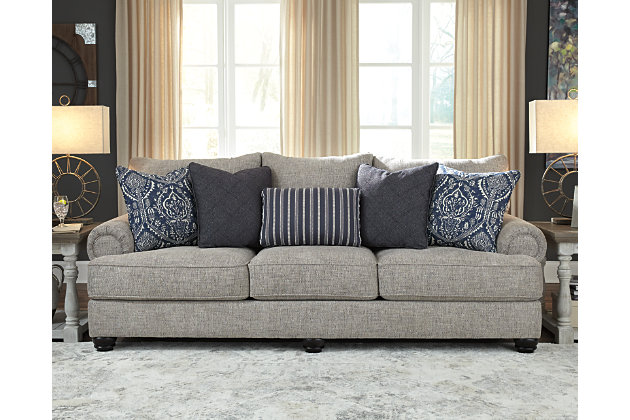 A triumph in transitional design, the Morren living room set with sofa, loveseat, chair and ottoman invite you to indulge in eye-catching texture and cozy comfort. Flared roll arms and loose, reversible cushions give this classically styled living room set a sense of everyday ease. Soothing blue-hue accent pillows add a wonderful layer of interest.Includes 4 pieces: sofa, loveseat, chair and ottoman | Corner-blocked frame | Loose, reversible cushions | Firmly cushioned ottoman | High-resiliency foam cushions wrapped in thick poly fiber | 9 decorative pillows included | Polyester upholstery | Polyester; polyester/cotton/rayon; polyester/cotton pillows | Exposed feet with faux wood finish | Sofa, loveseat and chair’s platform foundation system resists sagging 3x better than spring system after 20,000 testing cycles by providing more even support | Smooth platform foundation maintains tight, wrinkle-free look without dips or sags that can occur over time with sinuous spring foundations