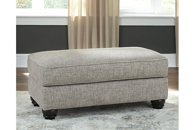A triumph in transitional design, the Morren ottoman invites you to indulge in eye-catching texture and cozy comfort. Easy on the eyes and plush to the touch, this generously scaled ottoman is covered in a soothing neutral-tone upholstery paired with elegant bun feet for a polished aesthetic.Corner-blocked frame | Firmly cushioned | High-resiliency foam cushion wrapped in thick poly fiber | Polyester upholstery | Exposed feet with faux wood finish