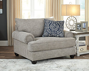 A triumph in transitional design, the Morren oversized chair invites you to indulge in eye-catching texture and cozy comfort. Flared roll arms and loose, reversible cushions give this classically styled chair a sense of everyday ease. Soothing blue-hue accent pillow adds a wonderful layer of interest.Corner-blocked frame | Loose, reversible cushions | High-resiliency foam cushions wrapped in thick poly fiber | Accent pillow included | Polyester upholstery; polyester/cotton/rayon pillow | Exposed feet with faux wood finish | Platform foundation system resists sagging 3x better than spring system after 20,000 testing cycles by providing more even support | Smooth platform foundation maintains tight, wrinkle-free look without dips or sags that can occur over time with sinuous spring foundations