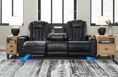 Center Point Manual Reclining Sofa with Drop Down Table, Black