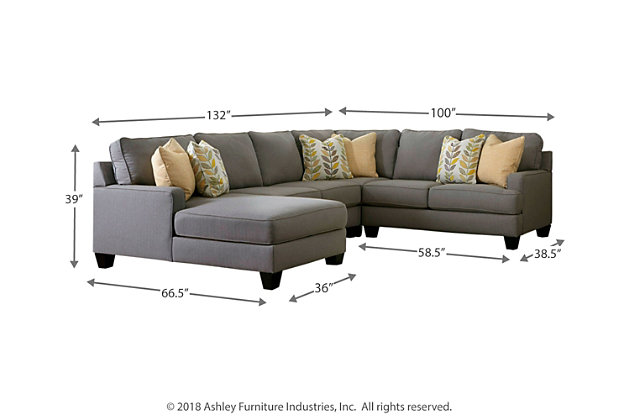 Indulge in modern relaxation with the inviting scale of a Chamberly 4-piece sectional. Sleek lines and legs give the profile a sophisticated look, while low track arms, supportive cushioning and soft feather-filled pillows create a place to lounge. Cool earth-tone upholstery fits in with contemporary color schemes and is easy care.Includes 4 pieces: left-arm facing corner chaise, corner wedge, armless loveseat and right-arm facing loveseat | "Left-arm" and "right-arm" describe the position of the arm when you face the piece | Corner-blocked frames | Attached back cushions and loose seat cushions | High-resiliency foam cushions wrapped in thick poly fiber | 6 decorative pillows included | Pillows with natural feather fill; zippered access | Polyester upholstery; polyester and polyester/rayon pillows | Exposed feet with faux wood finish | Estimated Assembly Time: 15 Minutes